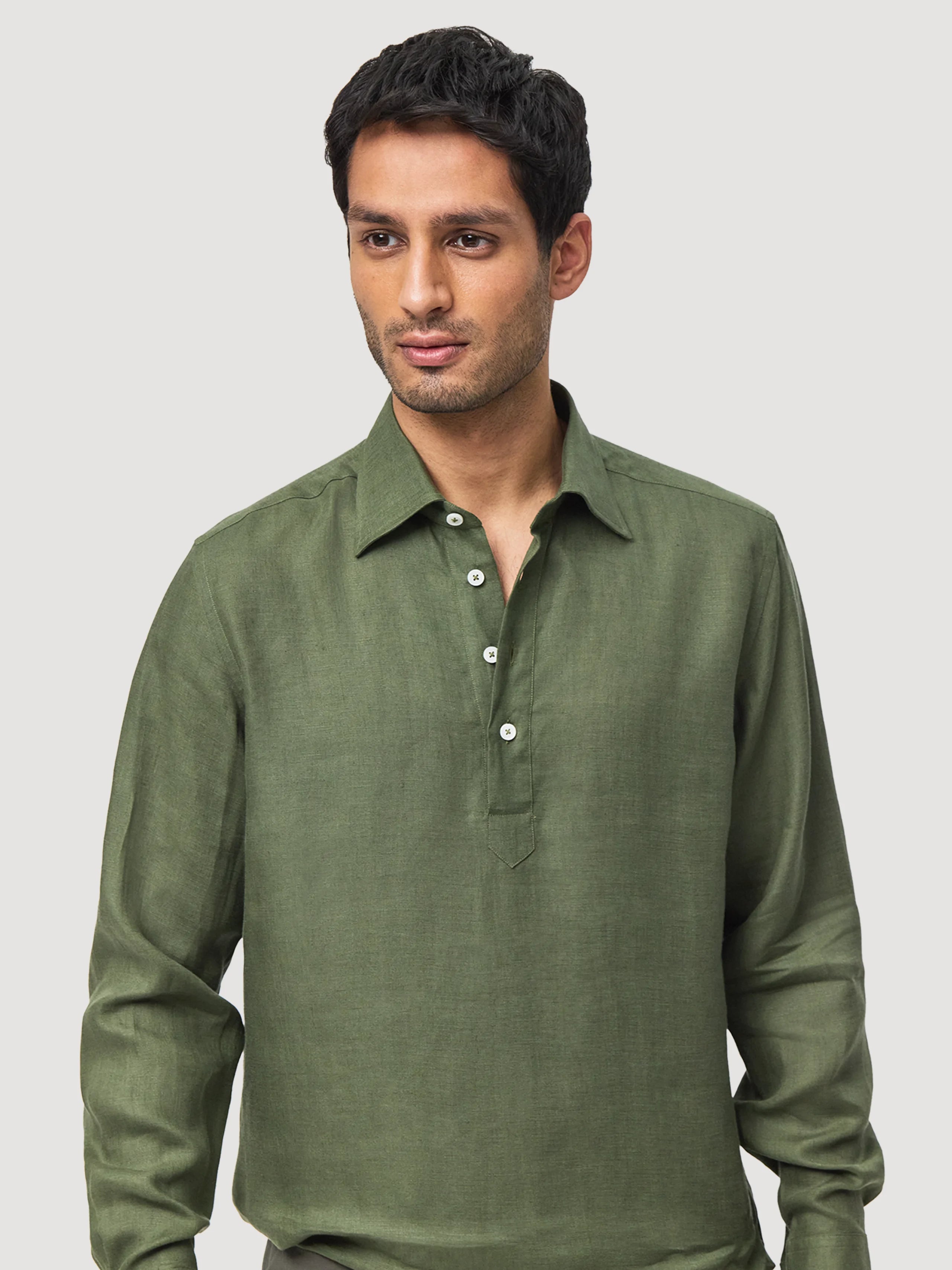 Dark Green Linen Popover Shirt