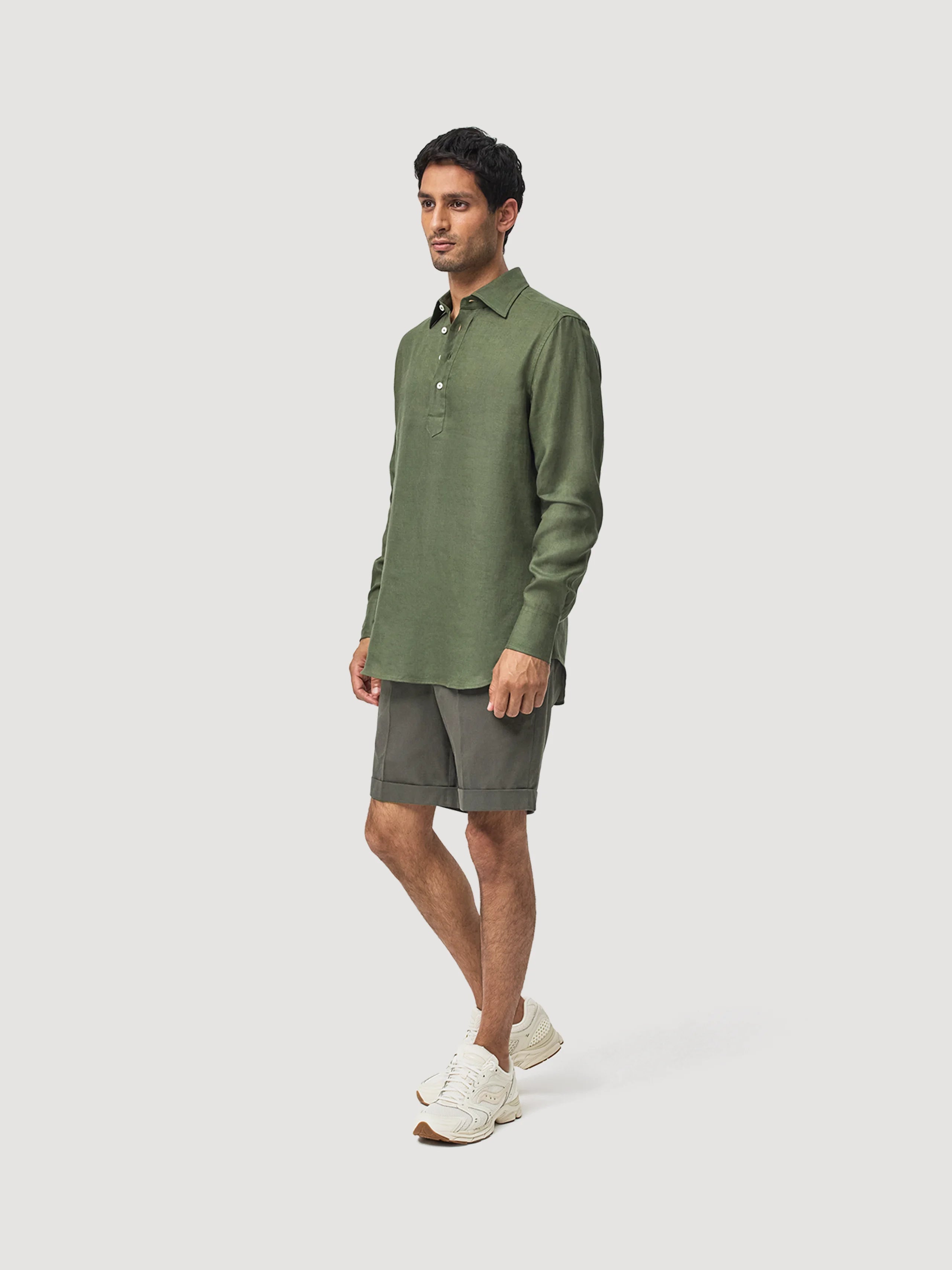 Dark Green Linen Popover Shirt