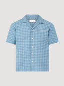 Blue & White Check Camp-Collar Embroidered Short Sleeve Shirt