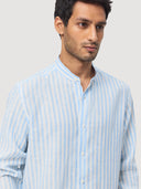 Blue & White Stripe Mandarin Collar Linen Shirt