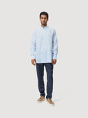 Blue & White Stripe Mandarin Collar Linen Shirt