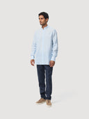 Blue & White Stripe Mandarin Collar Linen Shirt