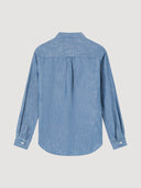 Reverse product shot of Coconut Residence blue chambray denim worker shirt on a light grey background