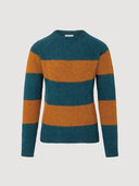 Teal Green and Orange Block Stripe Brushed Shetland Crew Neck Jumper