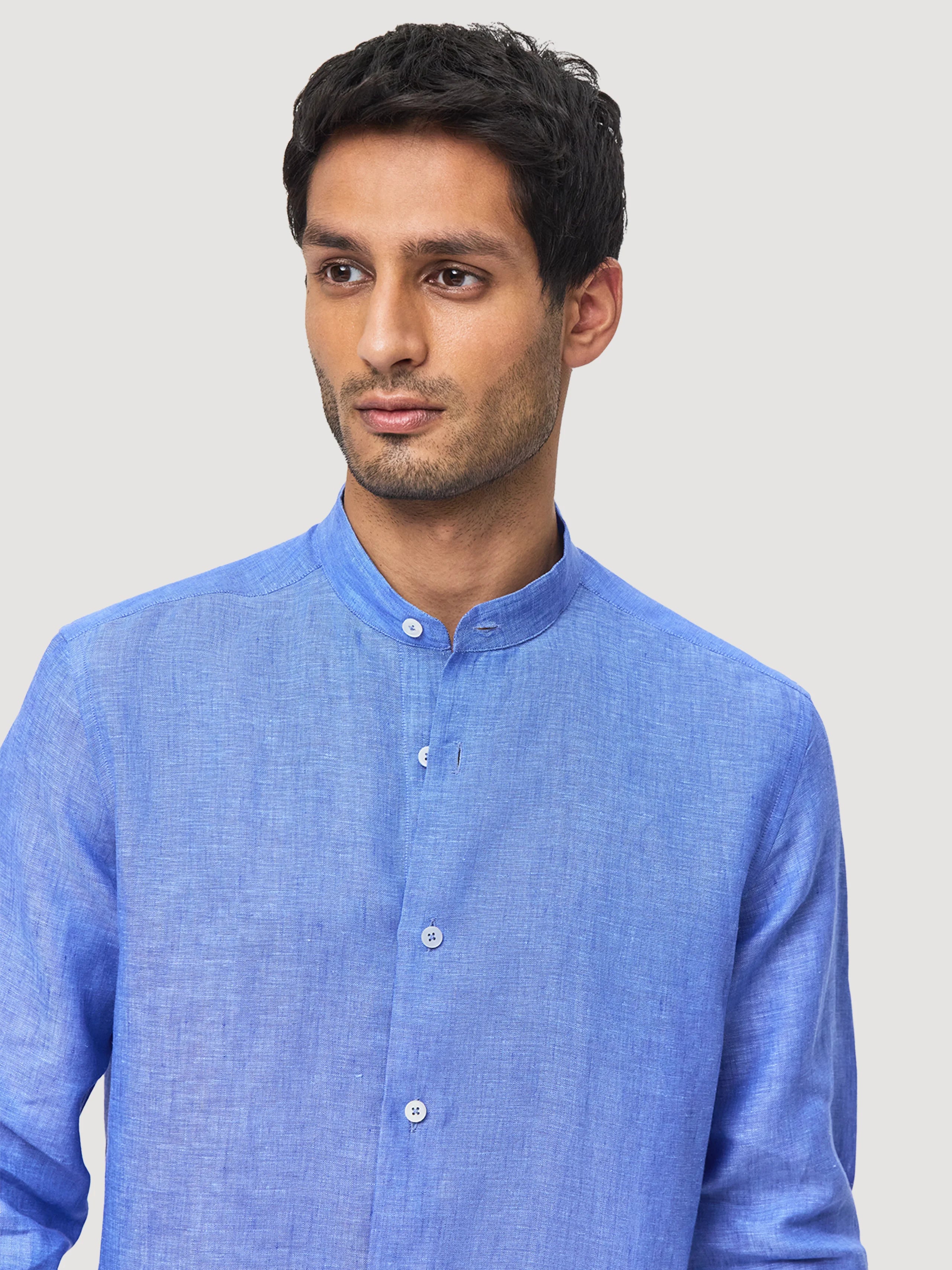 Cobalt Blue Mandarin Collar Linen Shirt
