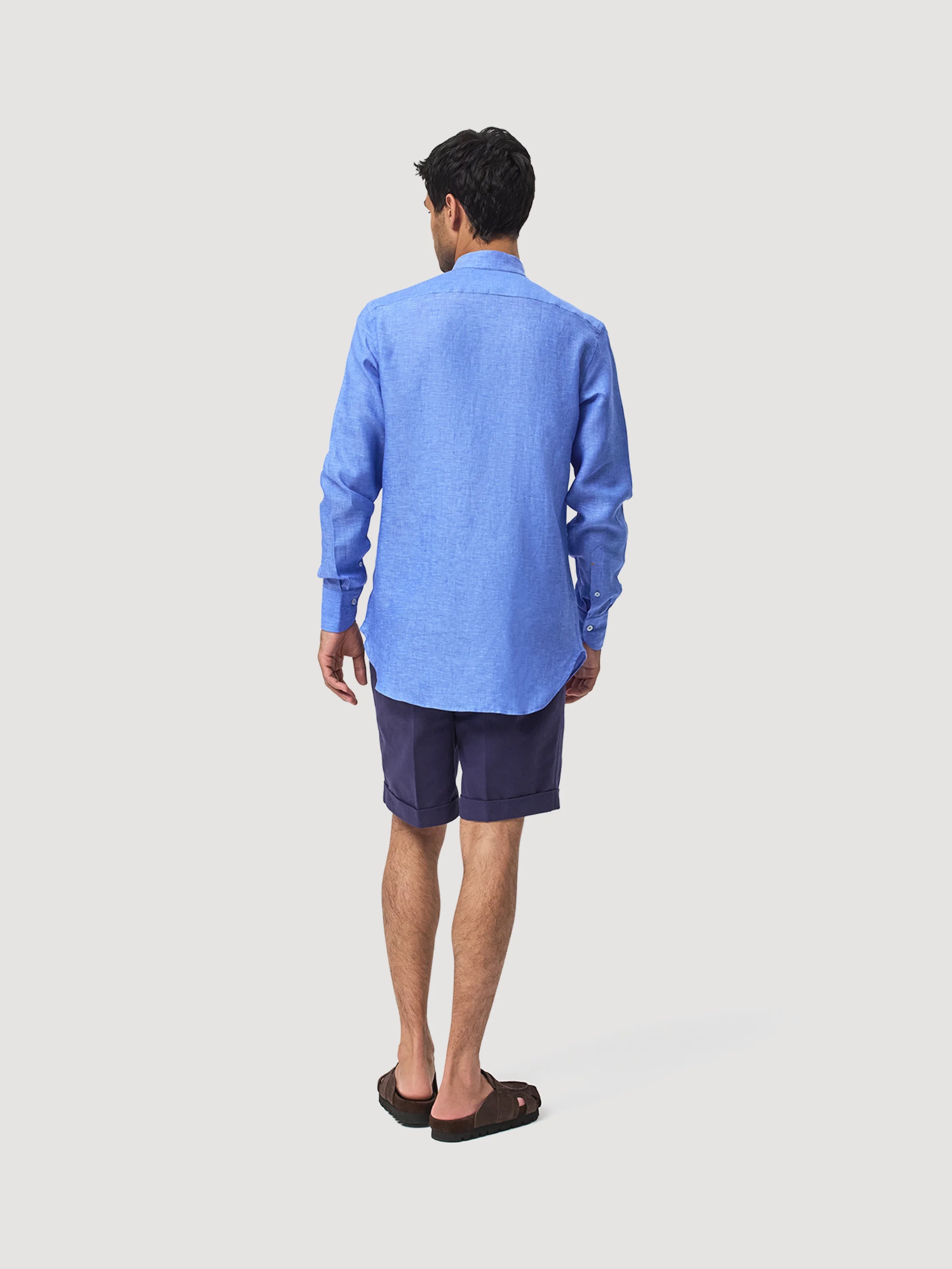 Cobalt Blue Mandarin Collar Linen Shirt
