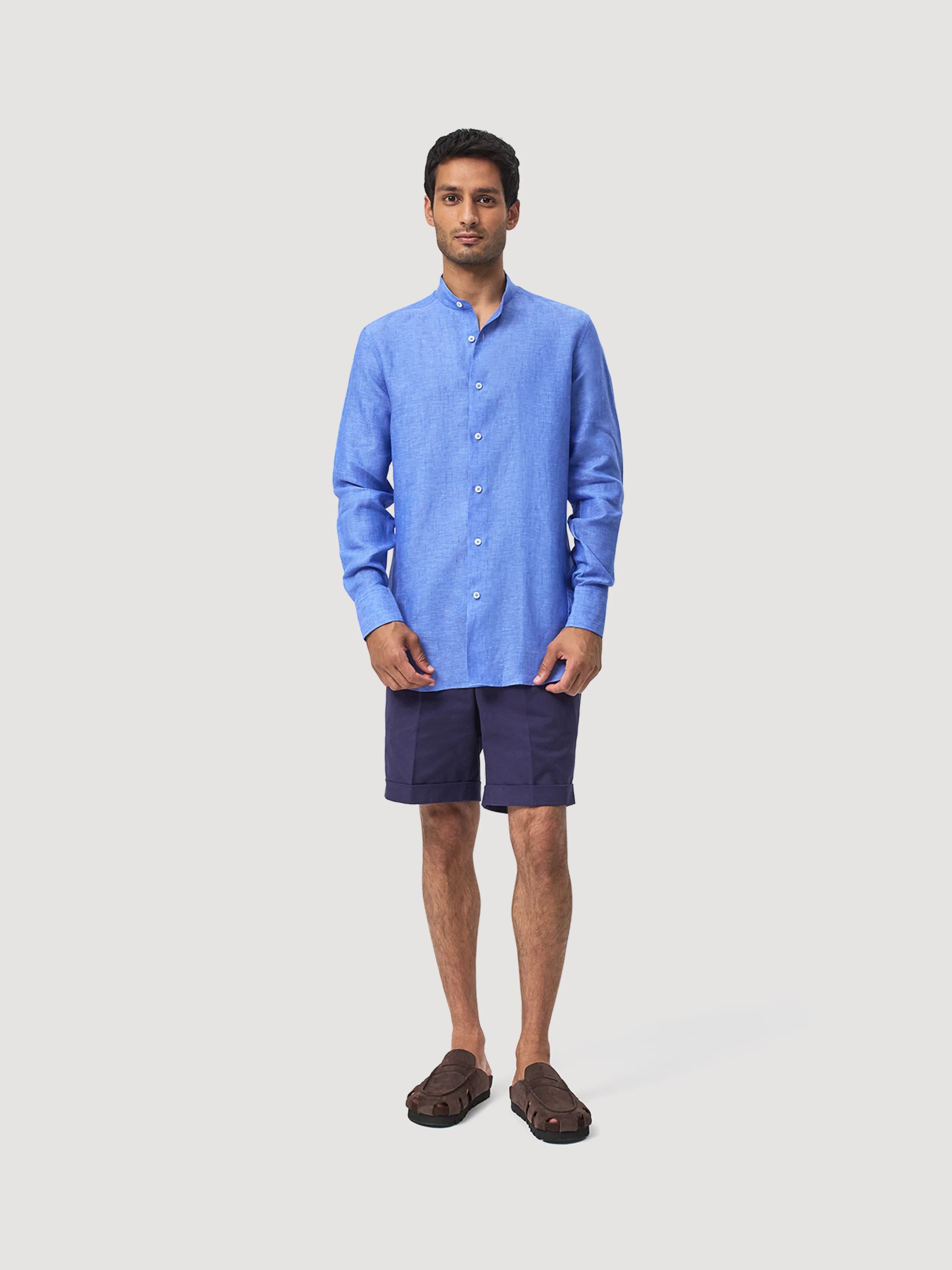Cobalt Blue Mandarin Collar Linen Shirt