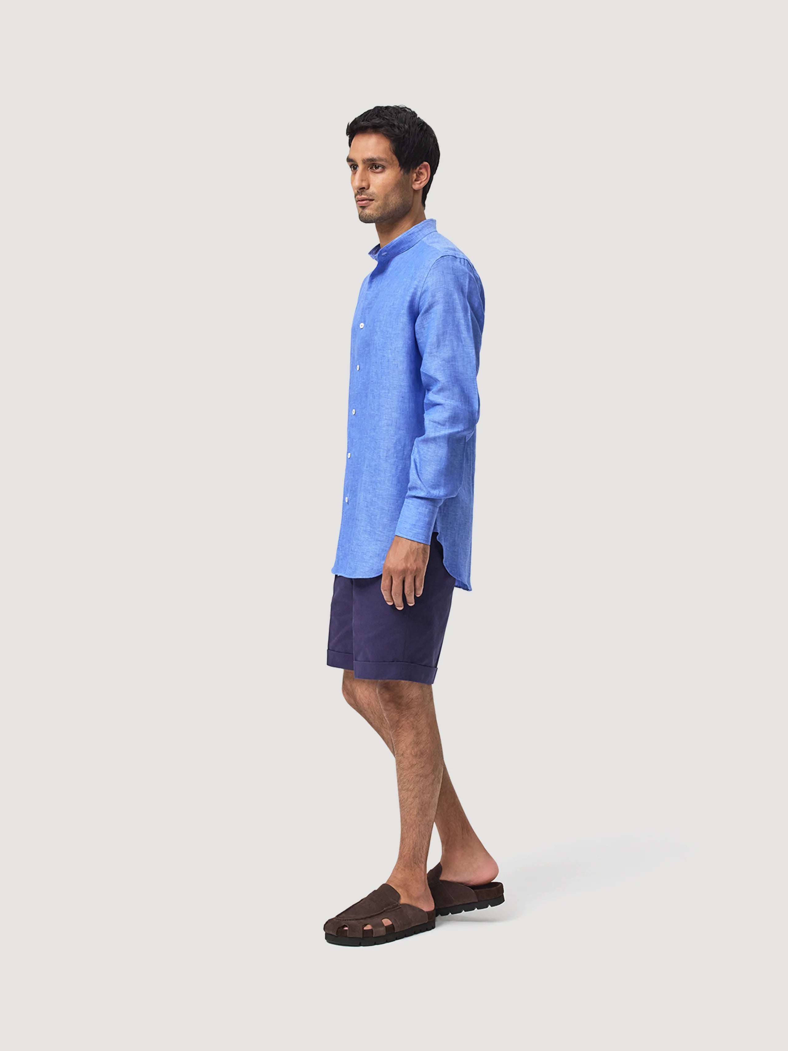 Cobalt Blue Mandarin Collar Linen Shirt
