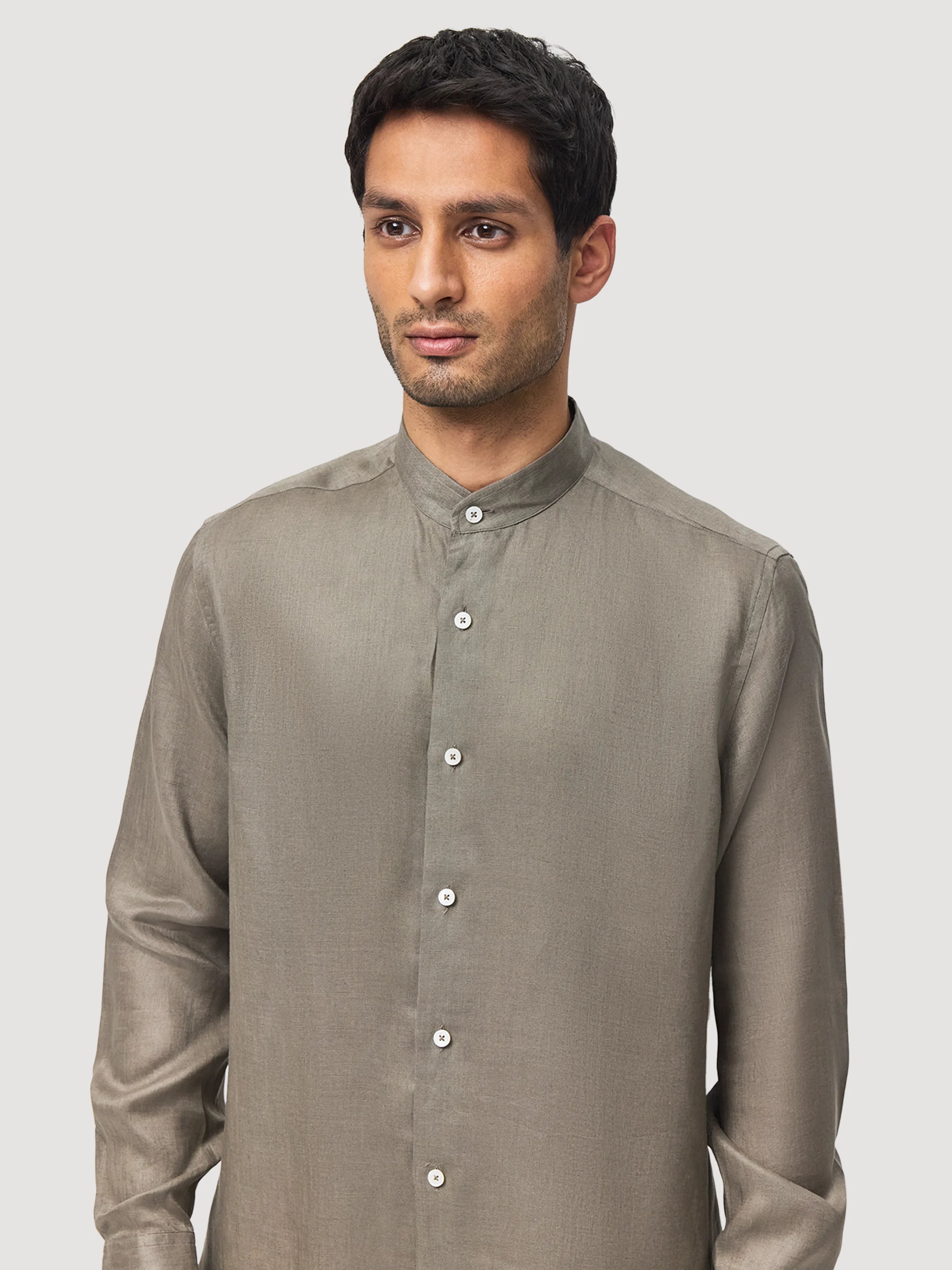 Khaki Linen Grandad Shirt