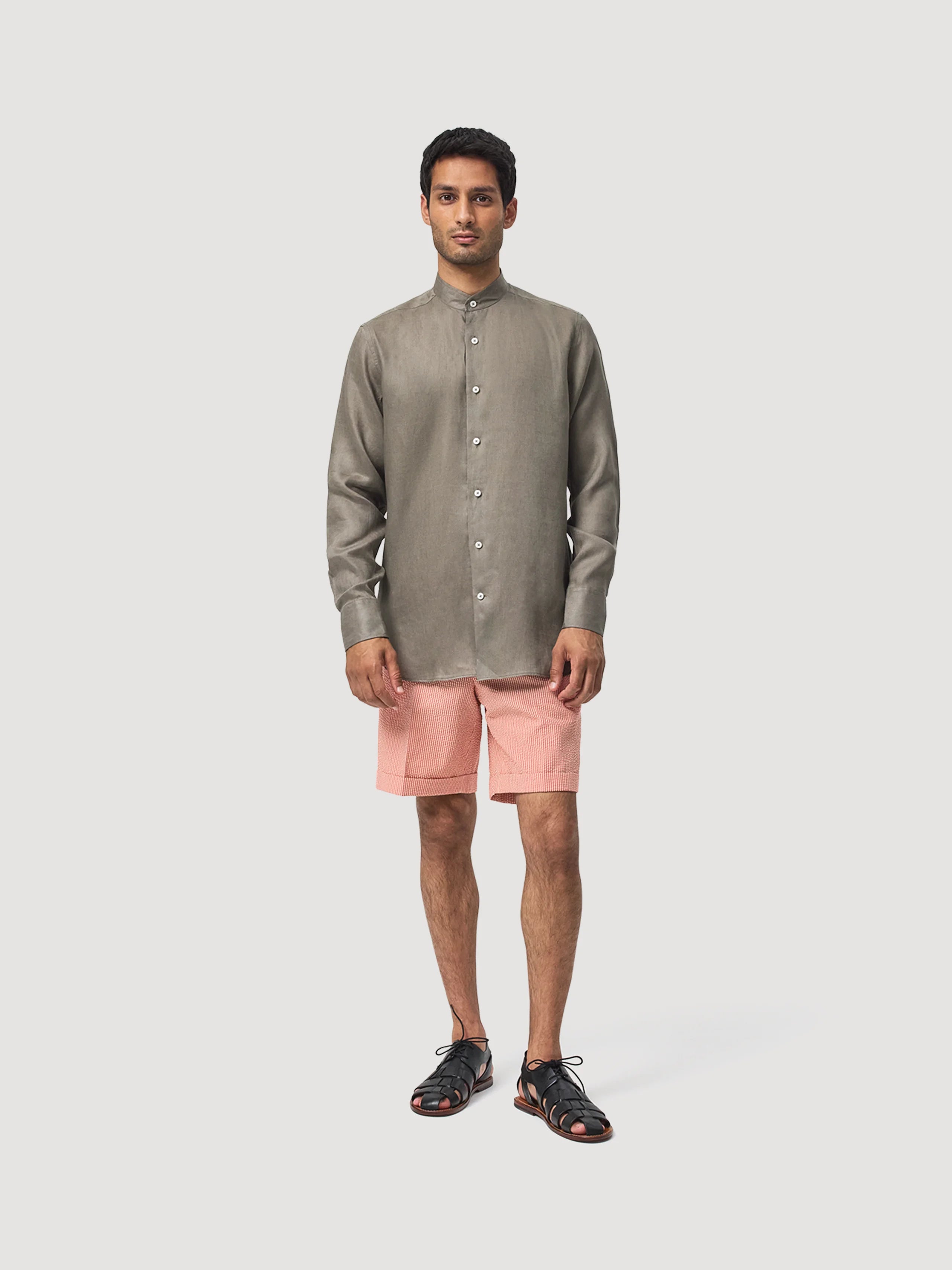 Khaki Linen Grandad Shirt