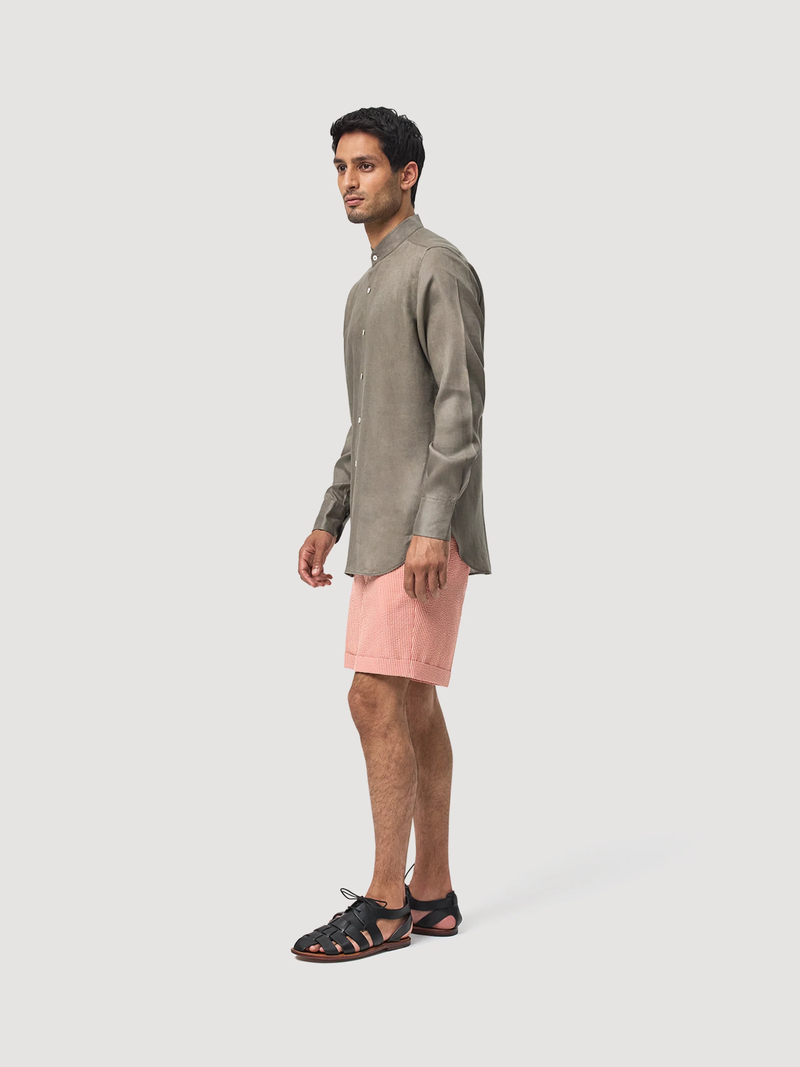 Khaki Linen Grandad Shirt