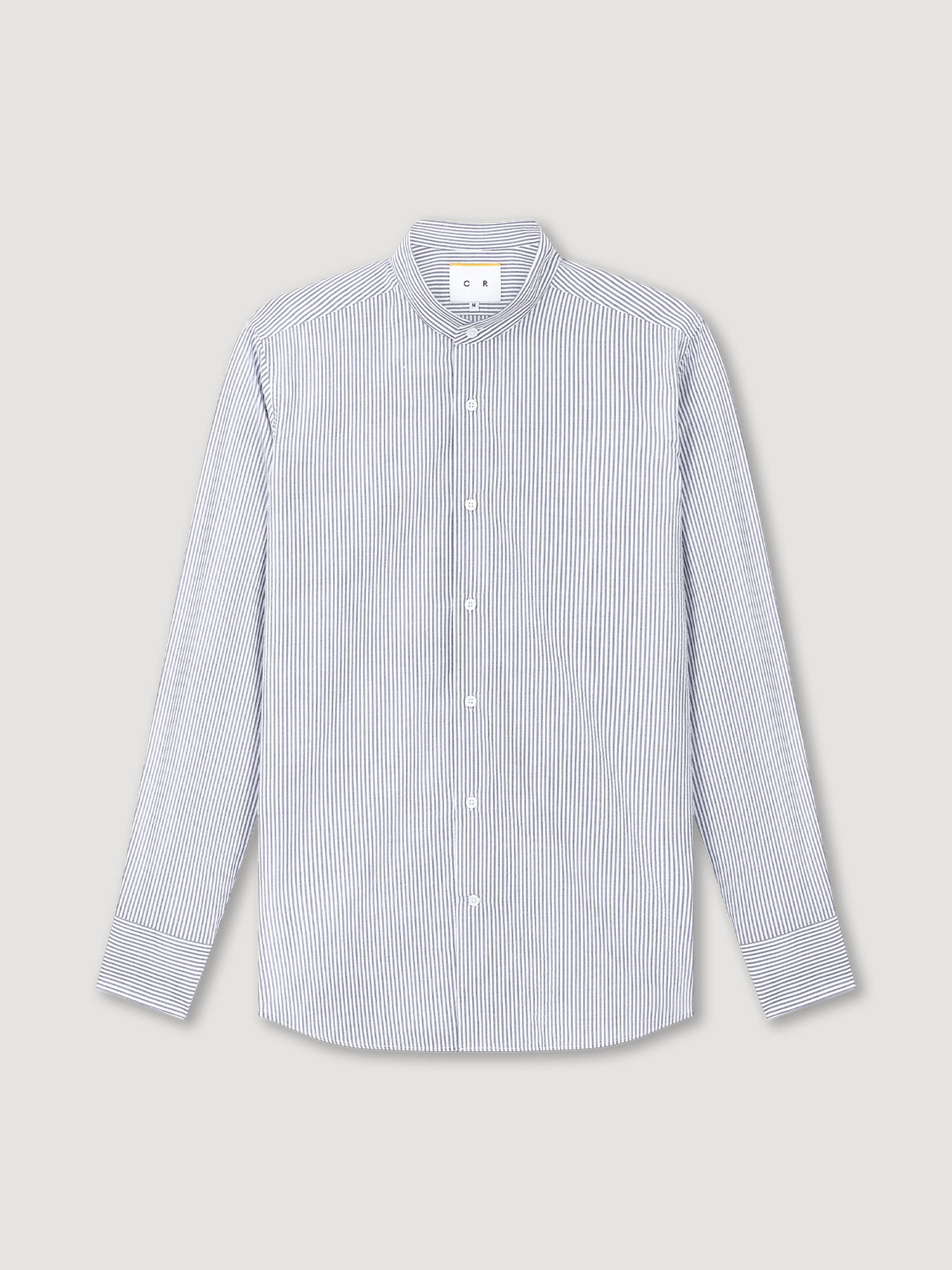 Navy & White Mandarin Collar Seersucker Shirt