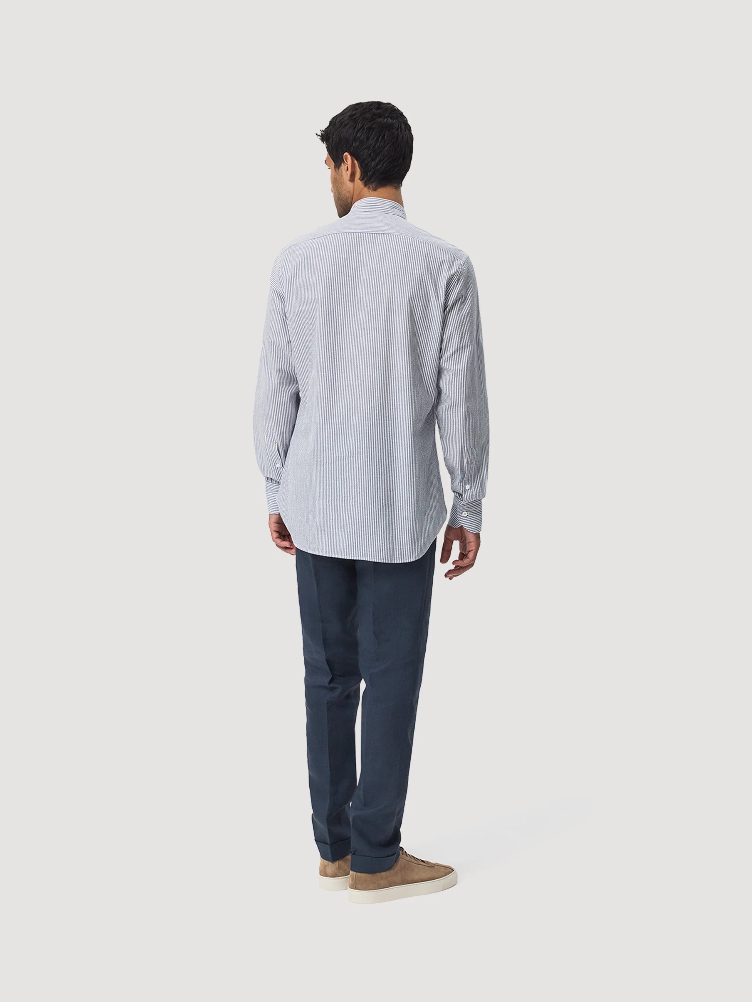 Navy & White Mandarin Collar Seersucker Shirt