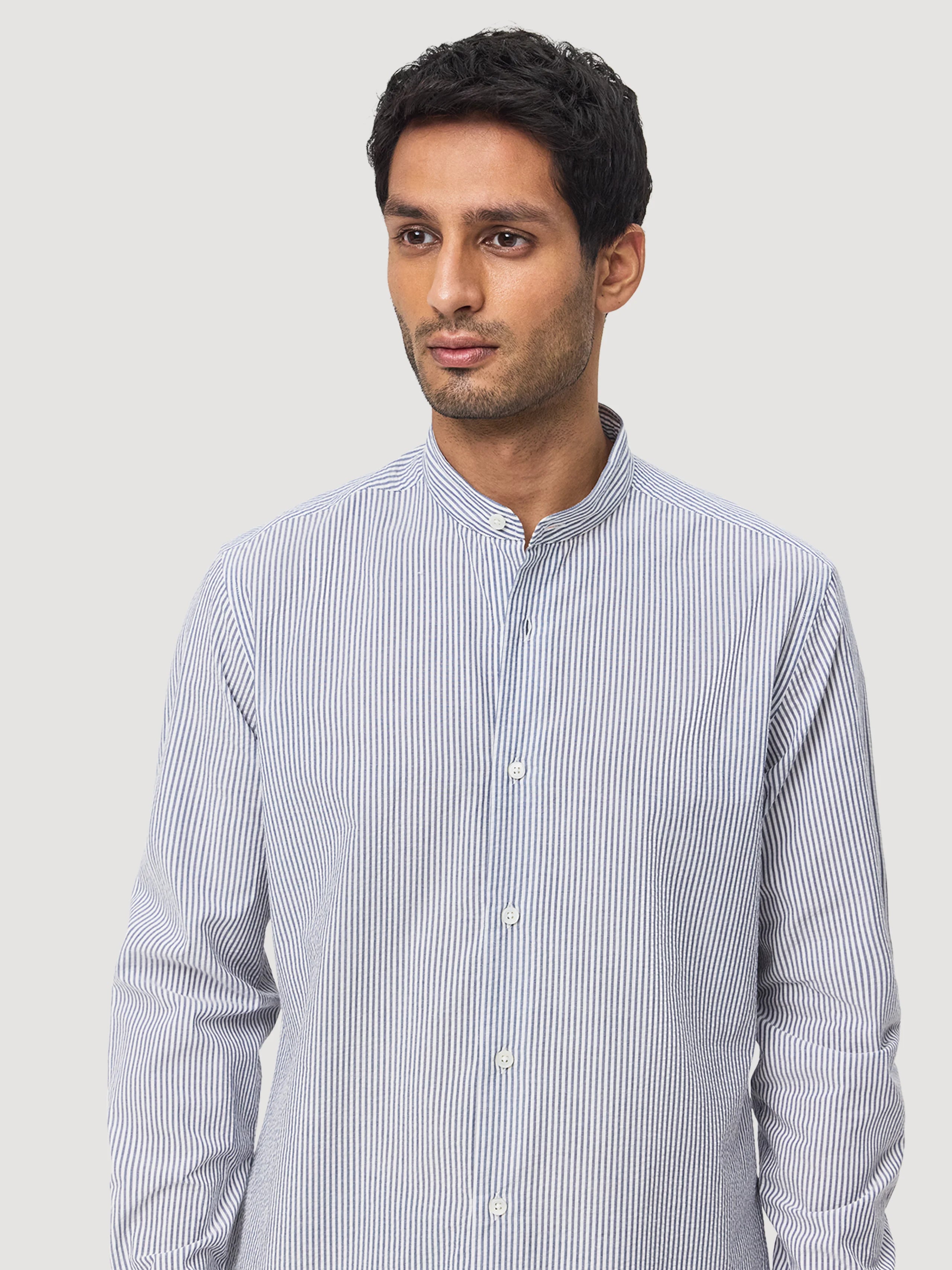 Navy & White Mandarin Collar Seersucker Shirt