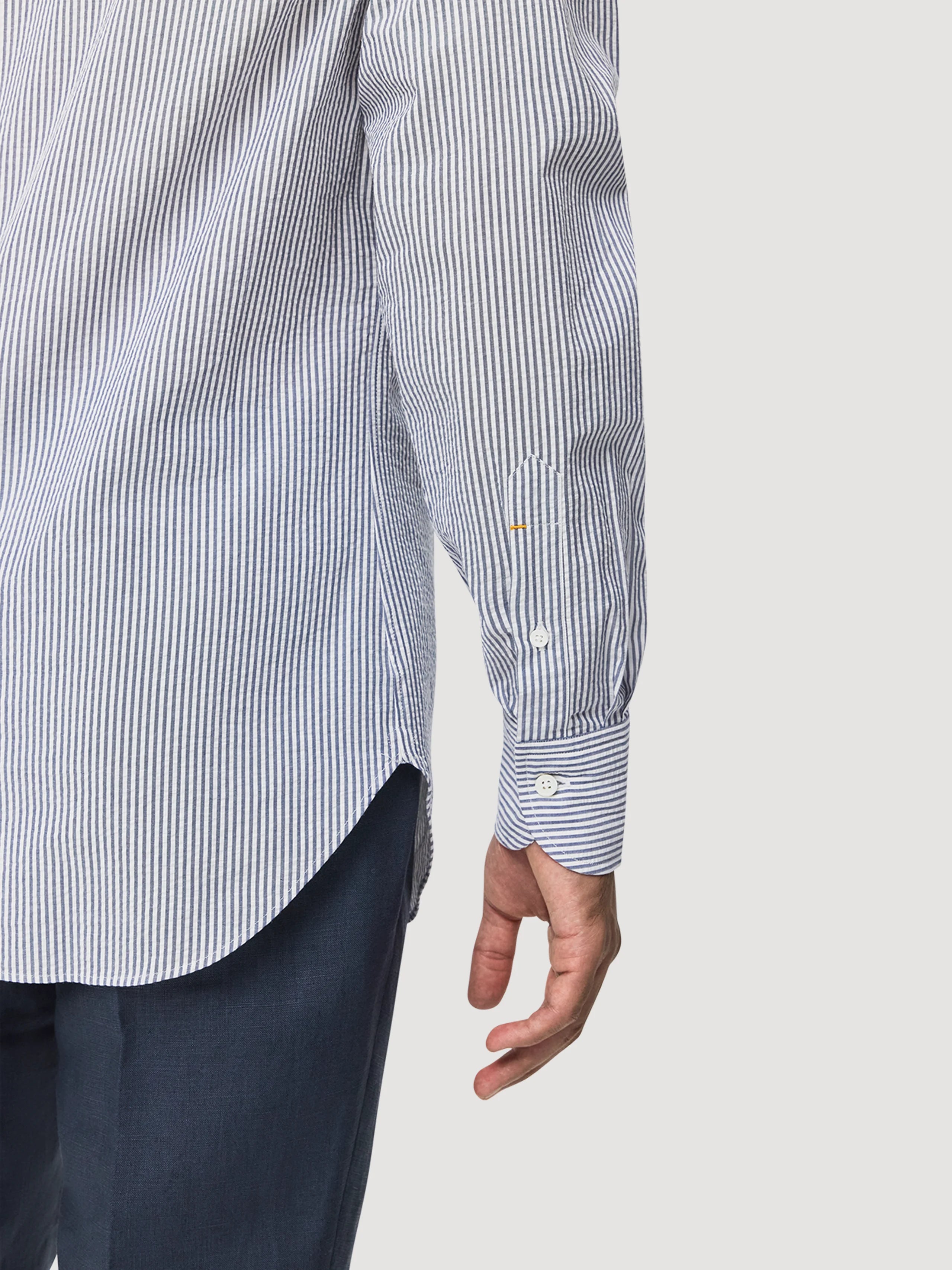 Navy & White Mandarin Collar Seersucker Shirt