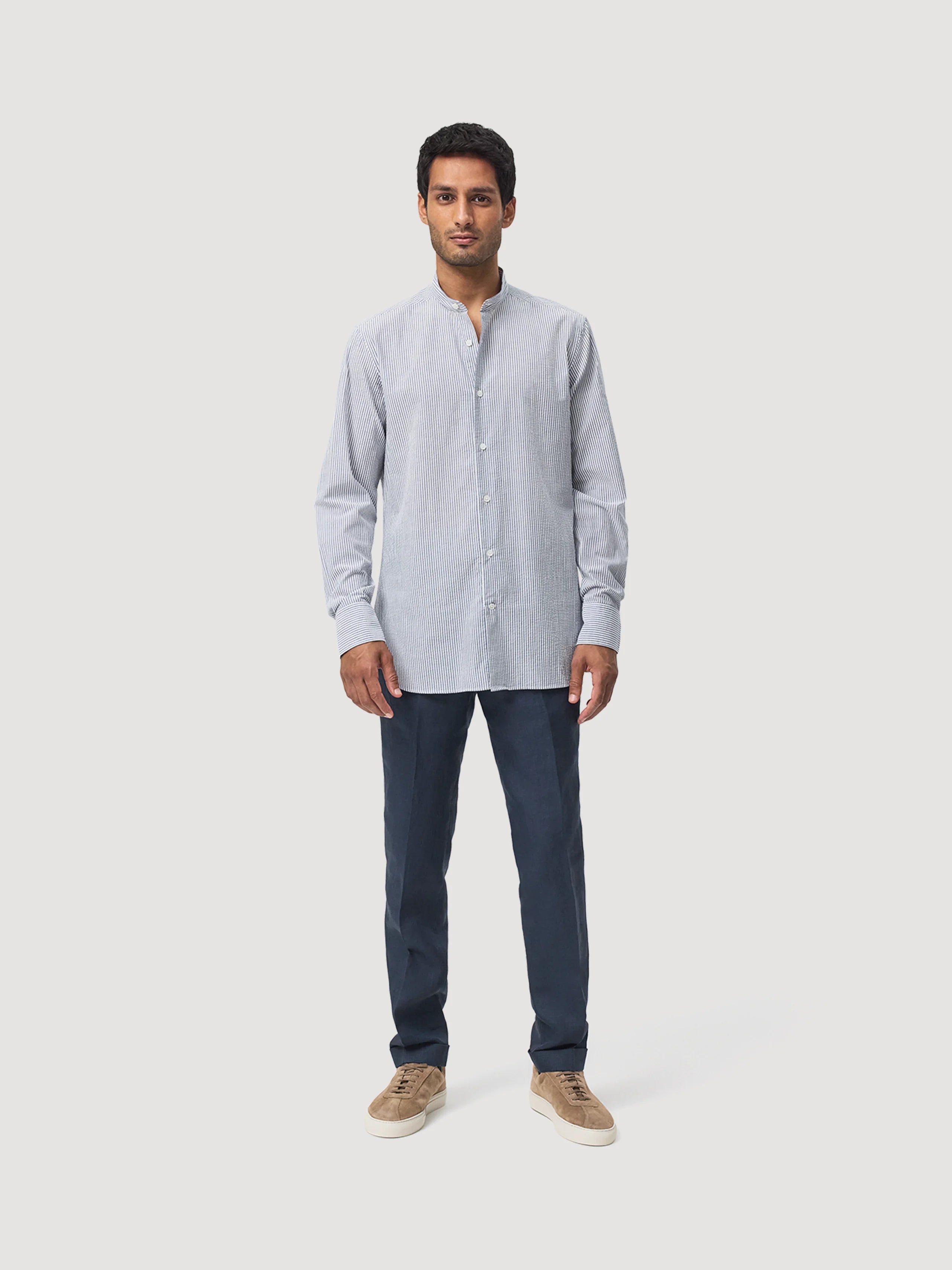 Navy & White Mandarin Collar Seersucker Shirt