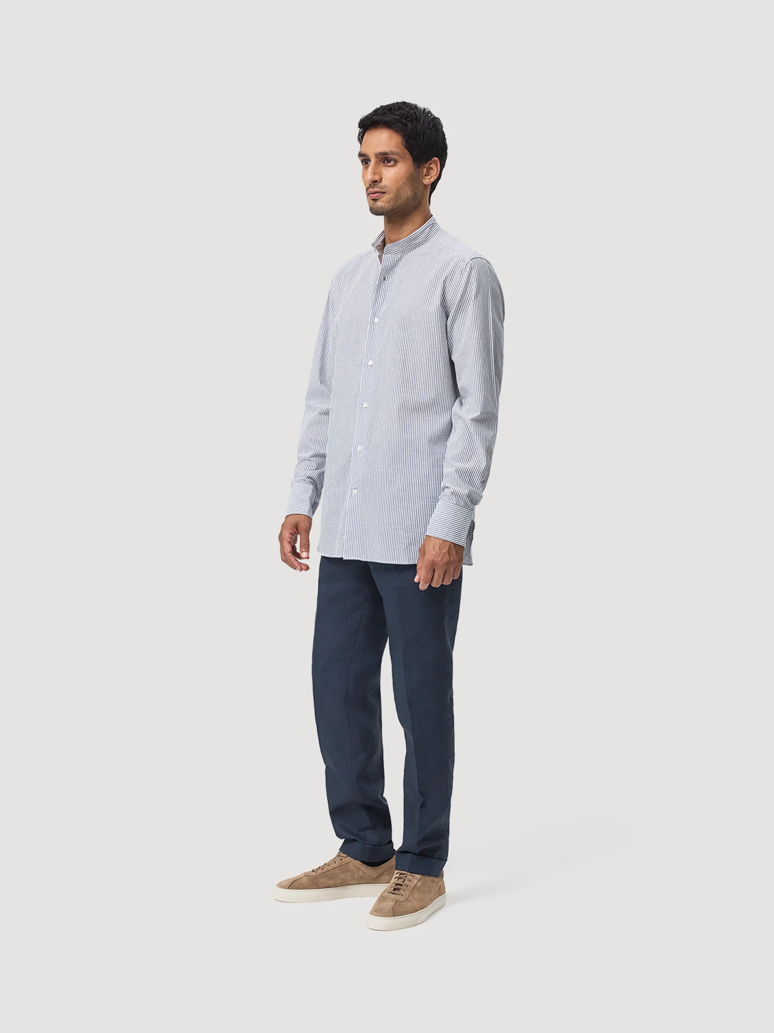 Navy & White Mandarin Collar Seersucker Shirt