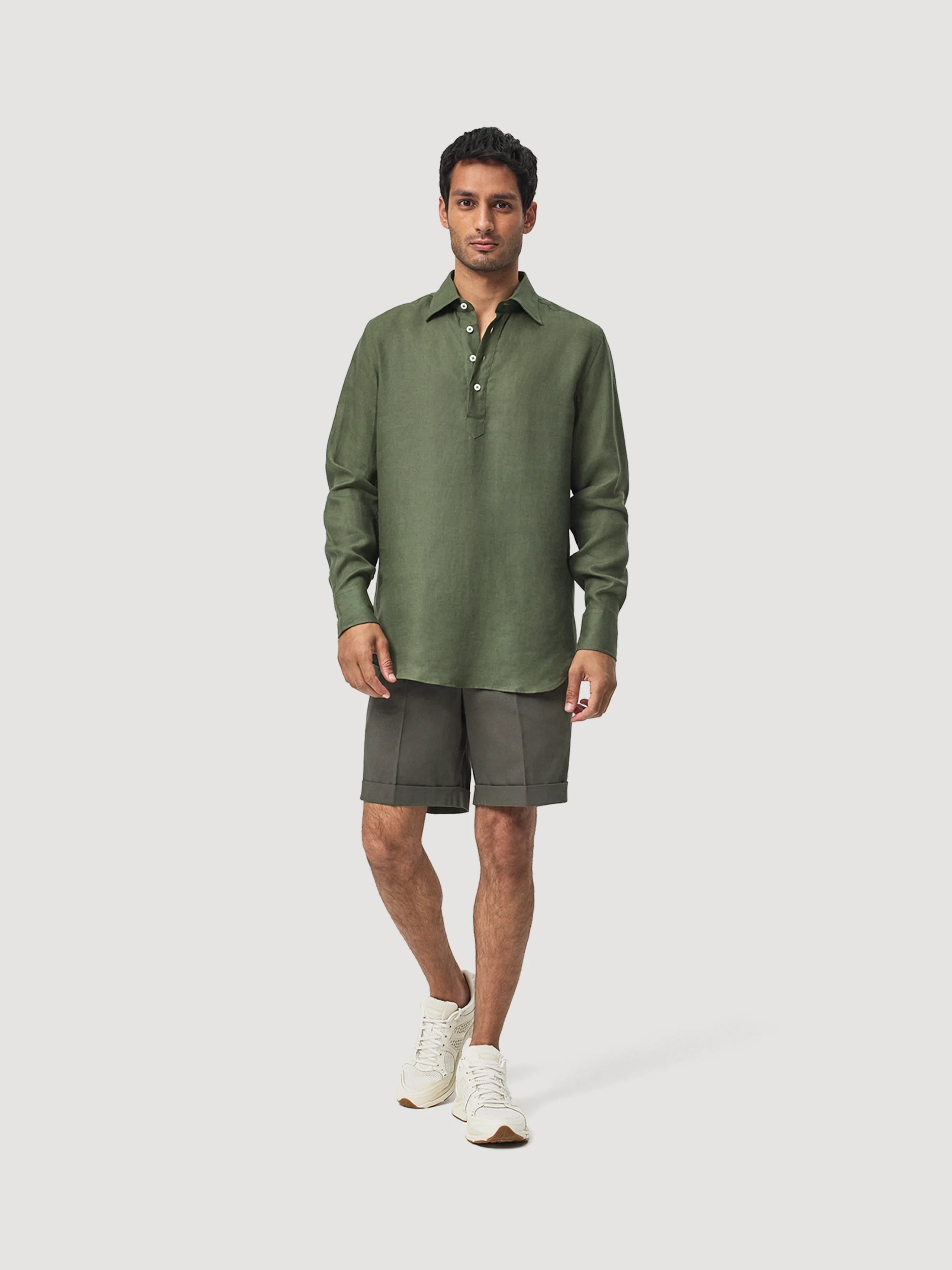 Dark Green Linen Popover Shirt