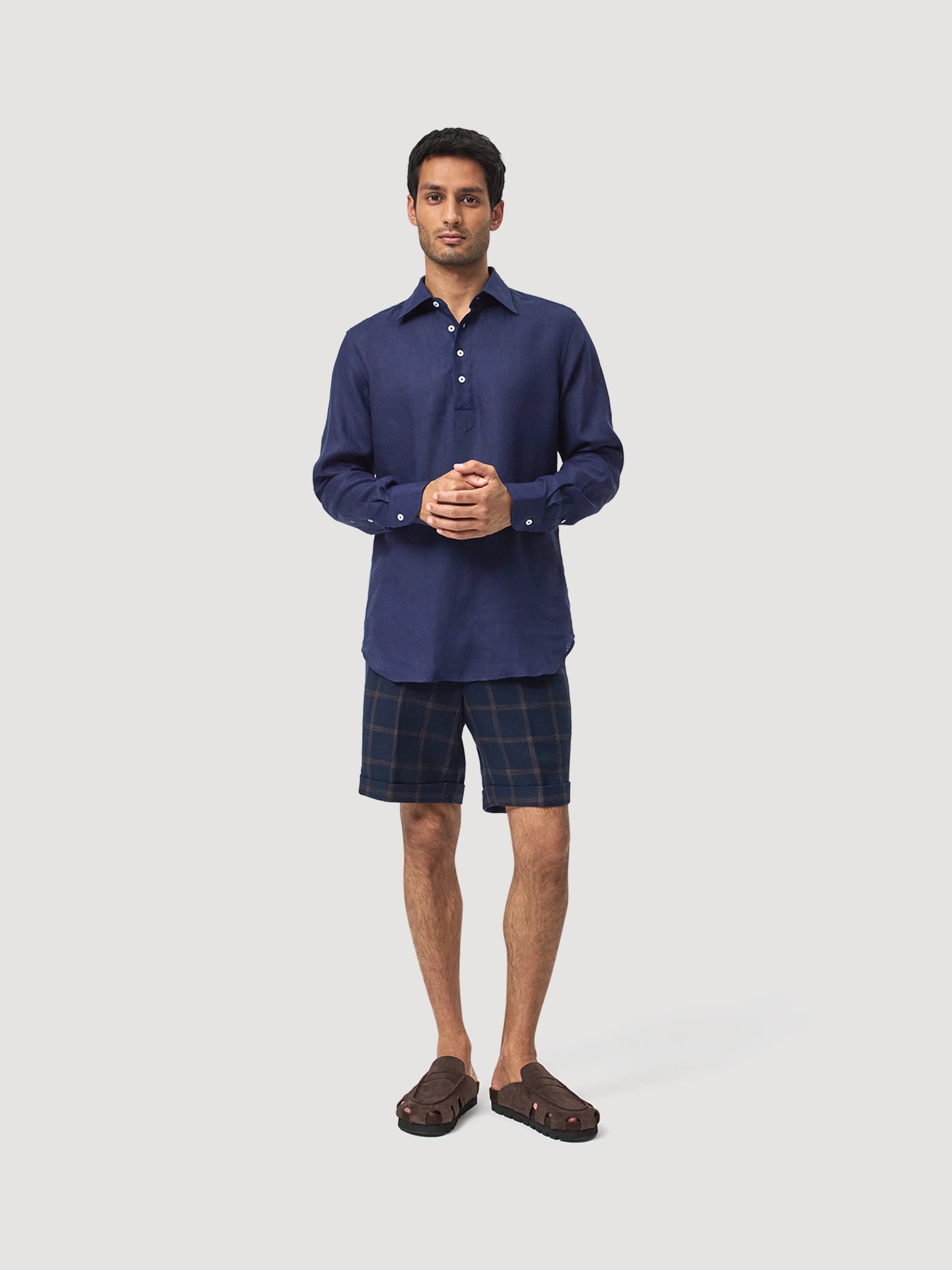 Navy Blue Linen Popover Shirt