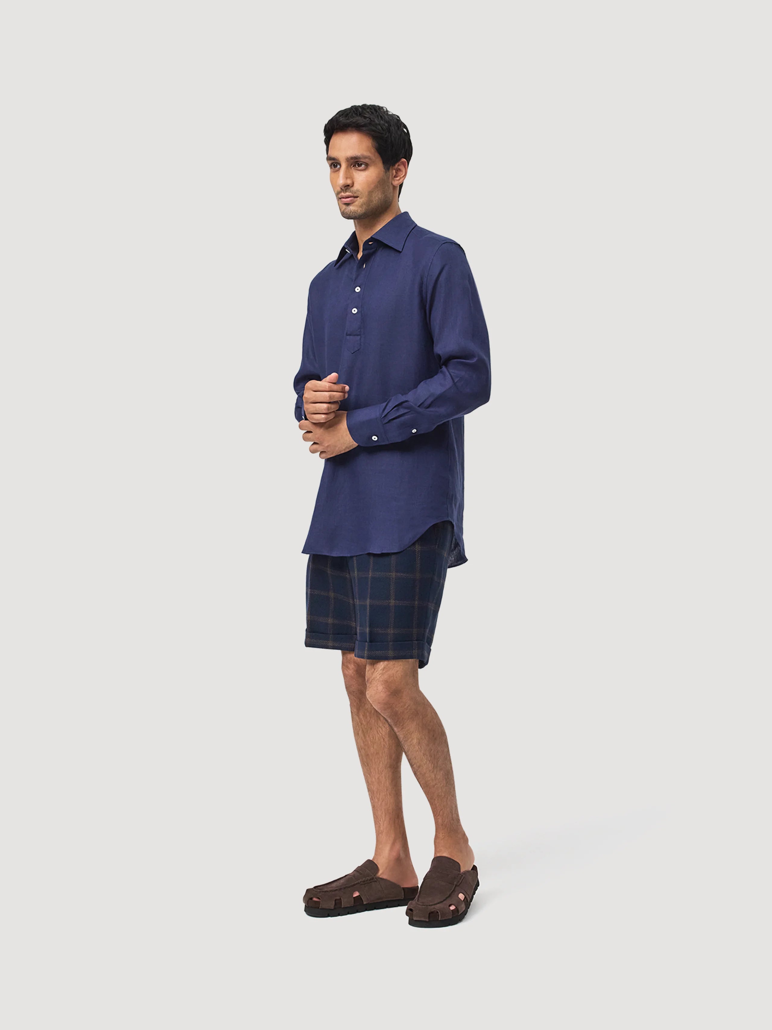 Navy Blue Linen Popover Shirt