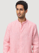 Red & White Stripe Mandarin Collar Linen Shirt