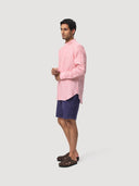 Red & White Stripe Mandarin Collar Linen Shirt