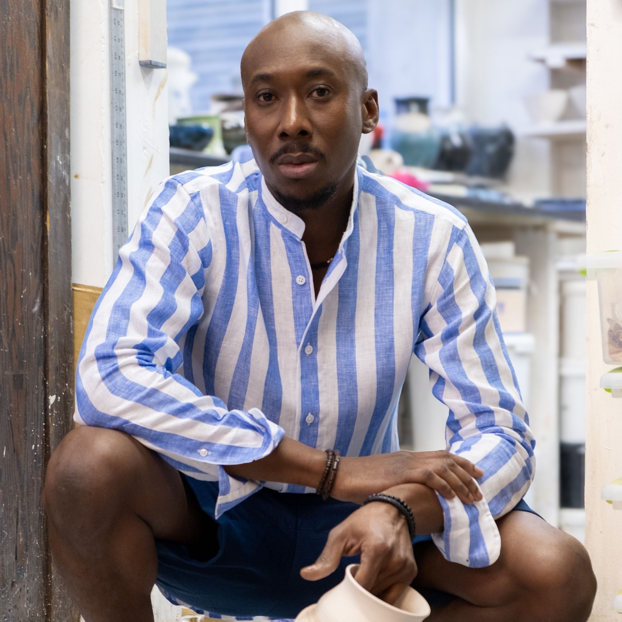 Pondicherry Awning Stripe Shirt | Linen Shirt | Coconut Residence | Blue and White Linen Shirt