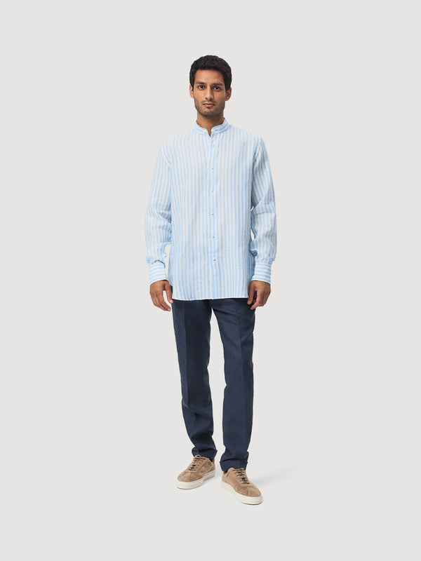 Blue & White Stripe Mandarin Collar Linen Shirt