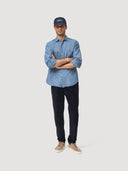 Chambray Blue Bleached Cotton Worker Shirt Video of model walking on and off