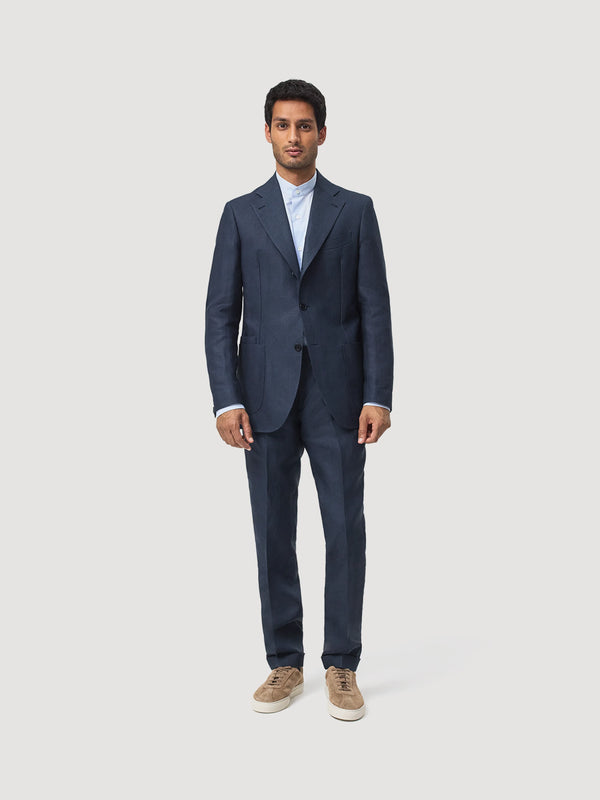 Navy Single Breasted Linen Tailored Jacket