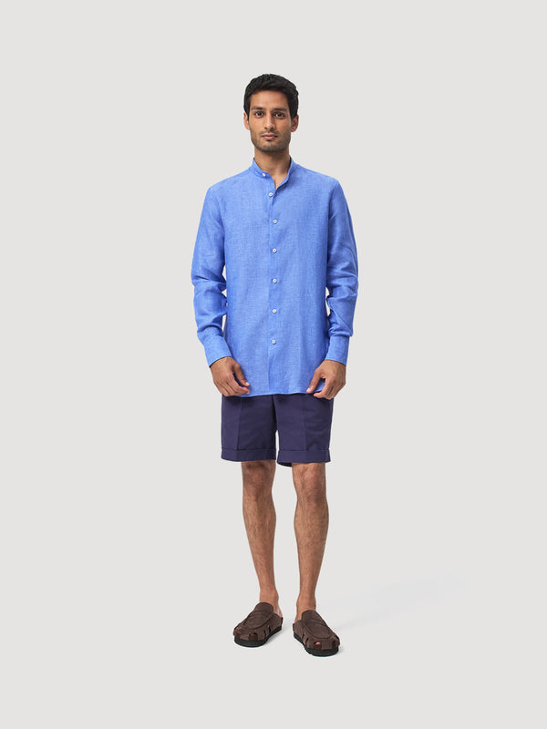 Cobalt Blue Linen Grandad Shirt
